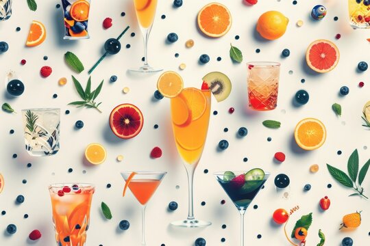 party invitation, drinks, fruits on white background