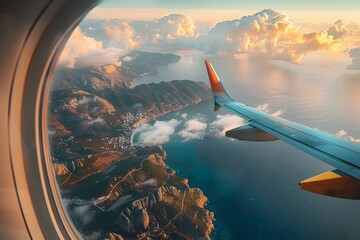 Aerial Voyage:Passengers Gazing at Breathtaking Landscapes from Airplane Window
