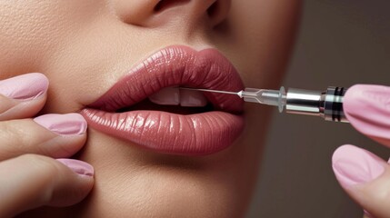 Cosmetic injector performing a procedure to enhance lip volume, with an emphasis on achieving natural-looking results.