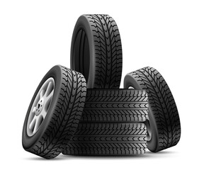 Tyres stack. Realistic tires pile for quality tyre shop storage garage, stacked car wheels isolated automobile new tire winter or summer road, auto 3d nowaday vector illustration - 799924008