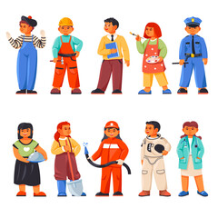 Children profession uniform. Kids professional workers community, child job occupation career professions teacher doctor fireman, recent cartoon - 799924089