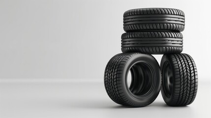 Stack of five black car tires on a clean white background for automotive themes.