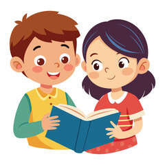 Two enthusiastic children, boy and girl sharing books and learning together, vector cartoon illustration.