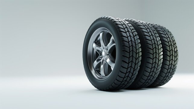A trio of black car tires with detailed tread and silver rims, shown in a line on a clean gray background.