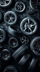 A variety of car wheels and tires are aesthetically arranged on a dark textured background.