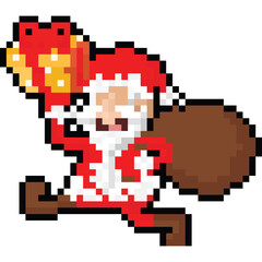 Fototapeta premium Pixel art cartoon happy santa claus character with gift bag