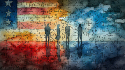 Fototapeta premium Abstract puzzle pieces in various hues come together to depict an urban skyline, artistic and thought-provoking