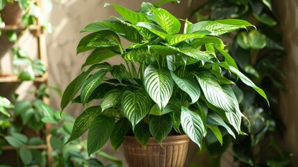 A thriving potted plant basks in sunlight, highlighting the vibrant greens and textures of indoor gardening.
