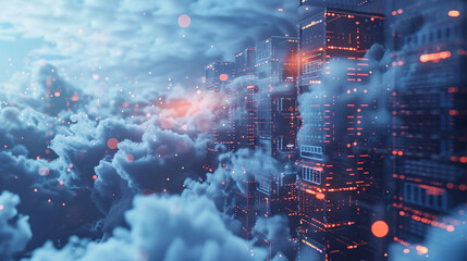 cloud computing infrastructure featuring interconnected servers and data centers against a backdrop of clouds illustrating the scalability and flexibility of cloud-based services.