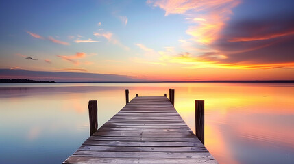 A pier is shown with a beautiful sunset in the background. The water is calm and the sky is filled with clouds. The scene is peaceful and serene, with the pier