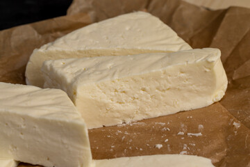 close-up of a piece of soft Caucasian cheese made from milk