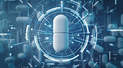 Futuristic depiction of a capsule pill surrounded by high-tech digital graphics and interfaces.