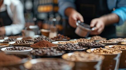 Cupping session with experts tasting and assessing the flavor profile of different coffee roasts.
