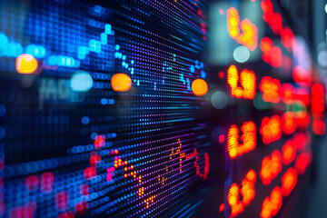 Obraz premium Close-up of a digital display showing colorful graphs and red digits on a dark screen