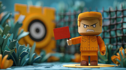 Fototapeta premium Angry Toy Character Holding a Red Card with a Target in the Background