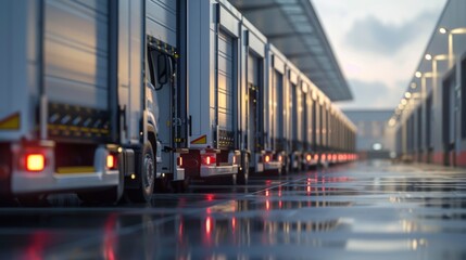 Delivery trucks lined up at a distribution center, ready for dispatch across the country. Highly detailed real-world Photography shot.