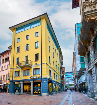 The pedestrian and shopping area in central district, on Merch 18 in Lugano, Switzerland