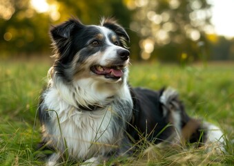 Fototapeta premium Happy Australian Shepherd Dog Relaxing in Green Grass at Sunset