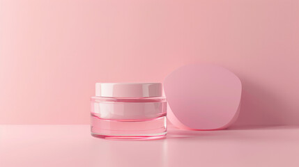 Jar of anti-aging face cream with a light pink lid, isolated on a pink background. Contains hyaluronic acid.