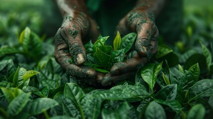 Detailed hands of a worker removing impurities from harvested tea leaves. - obrazy, fototapety, plakaty