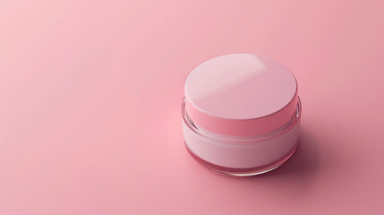 Jar of anti-aging face cream with a light pink lid, isolated on a pink background. Contains hyaluronic acid.