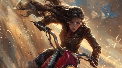Obraz premium Create a sense of motion and energy in the illustration, with the lady rider's hair and clothing billowing in the wind as she speeds along. 