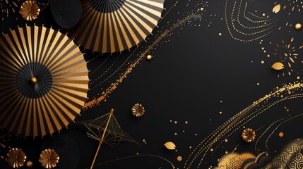 Elegant abstract design with golden fans and orbs on a dark background, embellished with detailed patterns. - obrazy, fototapety, plakaty