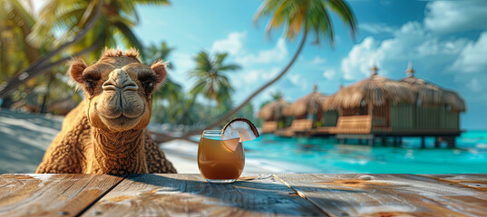 Cute camel with coconut cocktain on the tropical beach background, travel concept, relaxation time	