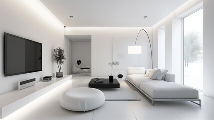 Fototapeta na wymiar Modern living room featuring sleek white furniture, a large TV, and minimalistic decor.