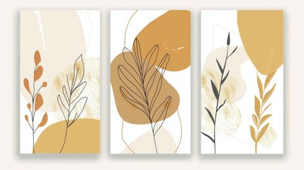 A set of three elegant botanical art panels in warm earth tones with abstract leaf designs.