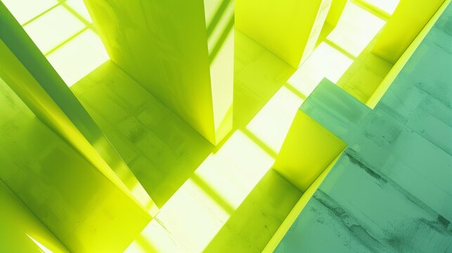 Abstract image featuring geometric shapes in shades of bright yellow and green with light effects.