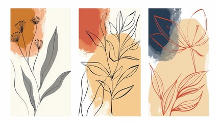 Triptych illustration featuring stylized botanical elements with abstract colorful backgrounds.