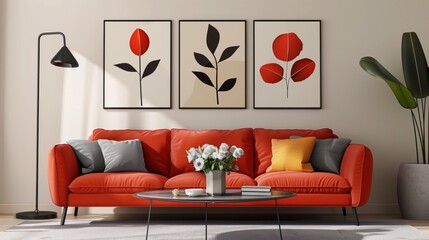 Elegant living room interior with a vibrant red sofa, stylish wall art, and a modern feel.