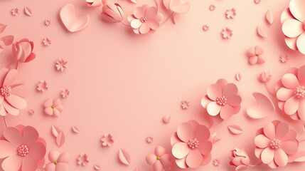 Elegant pink floral background featuring various styles of flowers and hearts in a soft, monochrome hue.