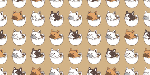 dog seamless pattern french bulldog coffee cup puppy vector hot tea pet cartoon doodle tile background gift wrapping paper repeat wallpaper scarf isolated illustration design