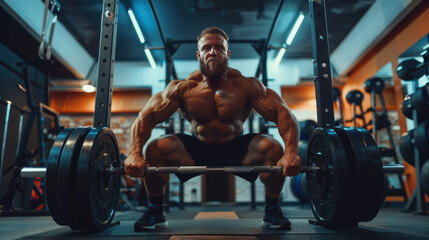 Strong man doing barbell squats in the gym. Muscular bodybuilder exercising. Confident young man lifting weights.