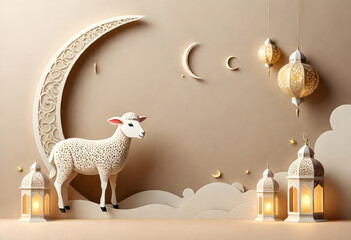 a table with a sheep, candles, islamic lanterns and crescent moons on it