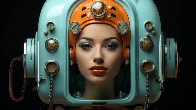 sequence of space age retro female robots with TV screen, headphones and helmets made with AI