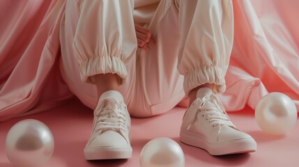 Woman in trendy clothes seated with stylish white sneakers surrounded by pearly balloons on a pink background.