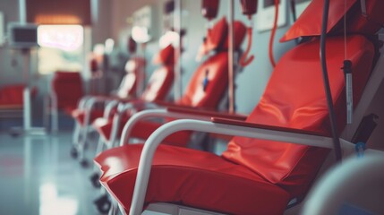 A blood donation center with a row of empty chairs and medical equipment, symbolizing the life-saving act of donating blood.