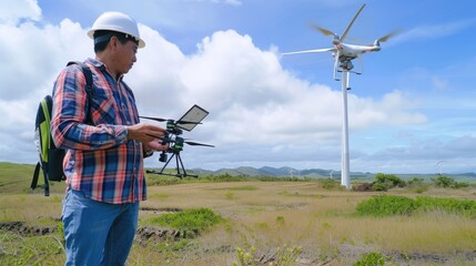 Skilled civil engineer with safety helmet exploring and inspecting area with wind mill by using drone. Engineer using innovation technology to control drone to survey landscape. Technology. AIG42.