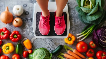 A visual representation of weight management, featuring a scale, healthy foods, and fitness equipment, symbolizing the concept of monitoring and controlling body weight for health and wellness.