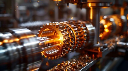 Close up detailed view machinery gears production line, industrial mechanics, orange glow