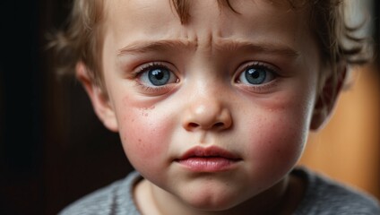Closeup image of a young toddler boy child crying