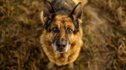 Intimate portrait of a German Shepherd with soulful eyes, set against the warm hues of autumn foliage.