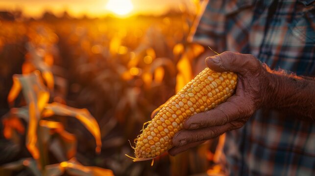Farmer holding a cob of corn with the field in the background, symbolizing pride and dedication.