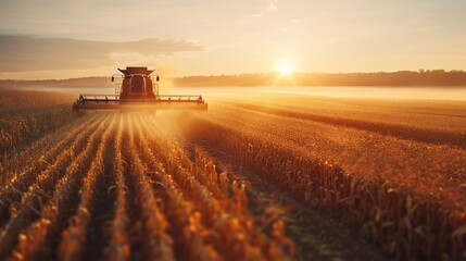 Fototapeta premium Farmers harvesting corn in vast fields, using machinery under the morning light.