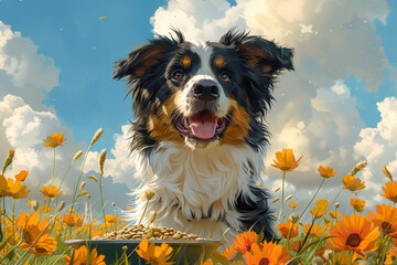 A cheerful border collie frolicking in a sunlit meadow, with a bowl of nutritious lamb and rice...
