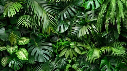 A dense tapestry of tropical leaves in various shades of green, creating a serene and vibrant background.