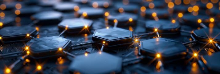 Obraz premium Gold and black geometric connection background with orange lights for futuristic navy abstract technology banner. Digital dark wallpaper 